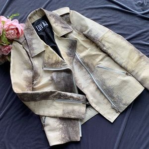Luv AJ Cream Snakeskin Leather Moto Jacket